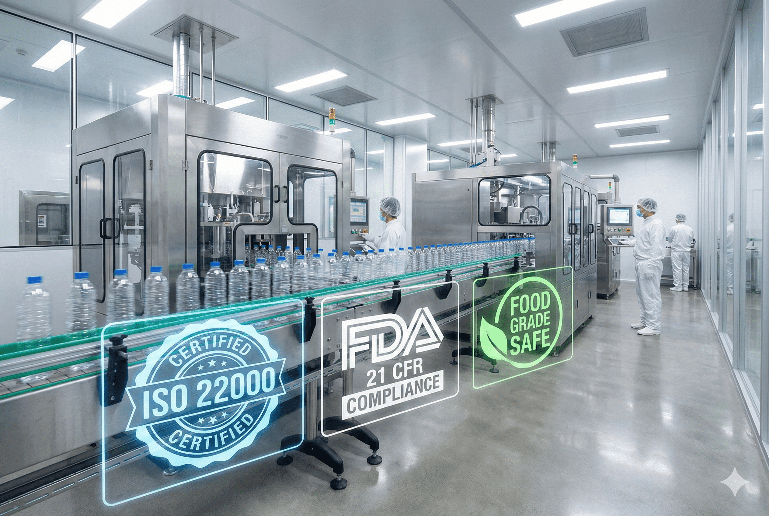 Cleanroom stretch blow molding machine line producing PET bottles with food grade compliance icons