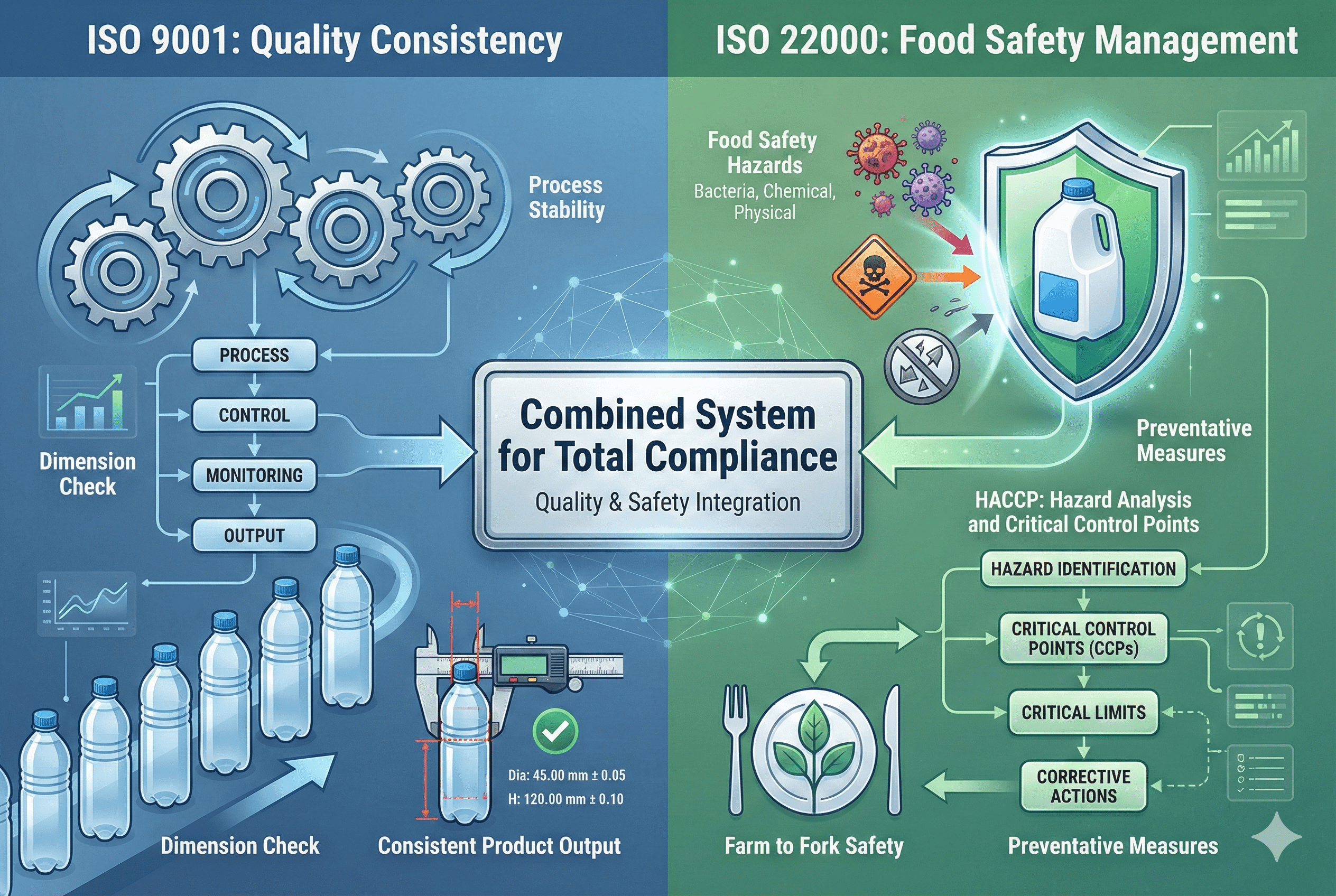 ISO 9001 and ISO 22000 comparison infographic for plastic bottle manufacturing compliance