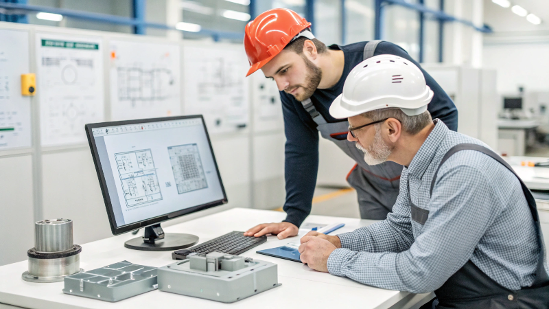 CAD design review during custom plastic project consultation