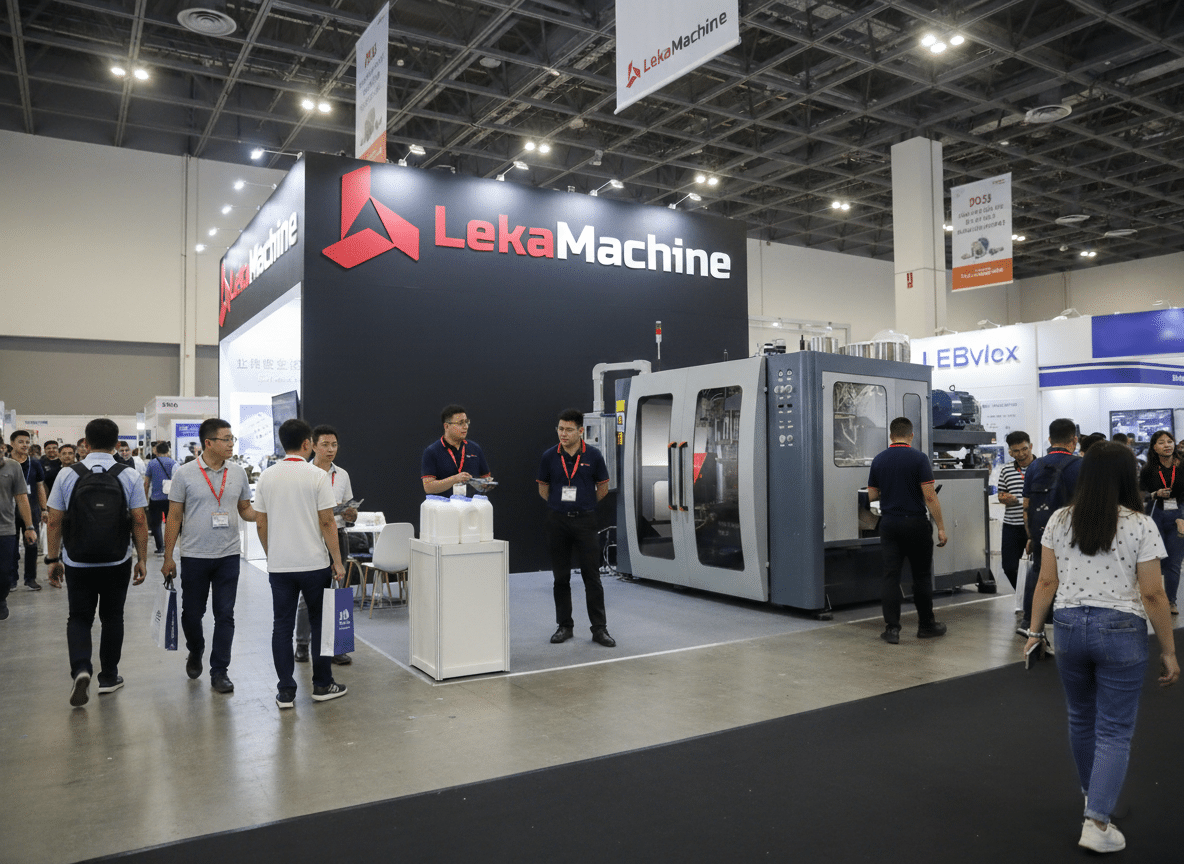 Kapalı şişirme makinesi ve sergilenen numune plastik bidonların bulunduğu fuar standı