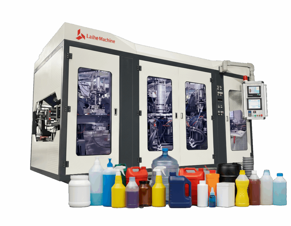 Máquina de moldeo por soplado por extrusión encapsulada con armario multibisagra, panel de control y líneas hidráulicas y neumáticas visibles