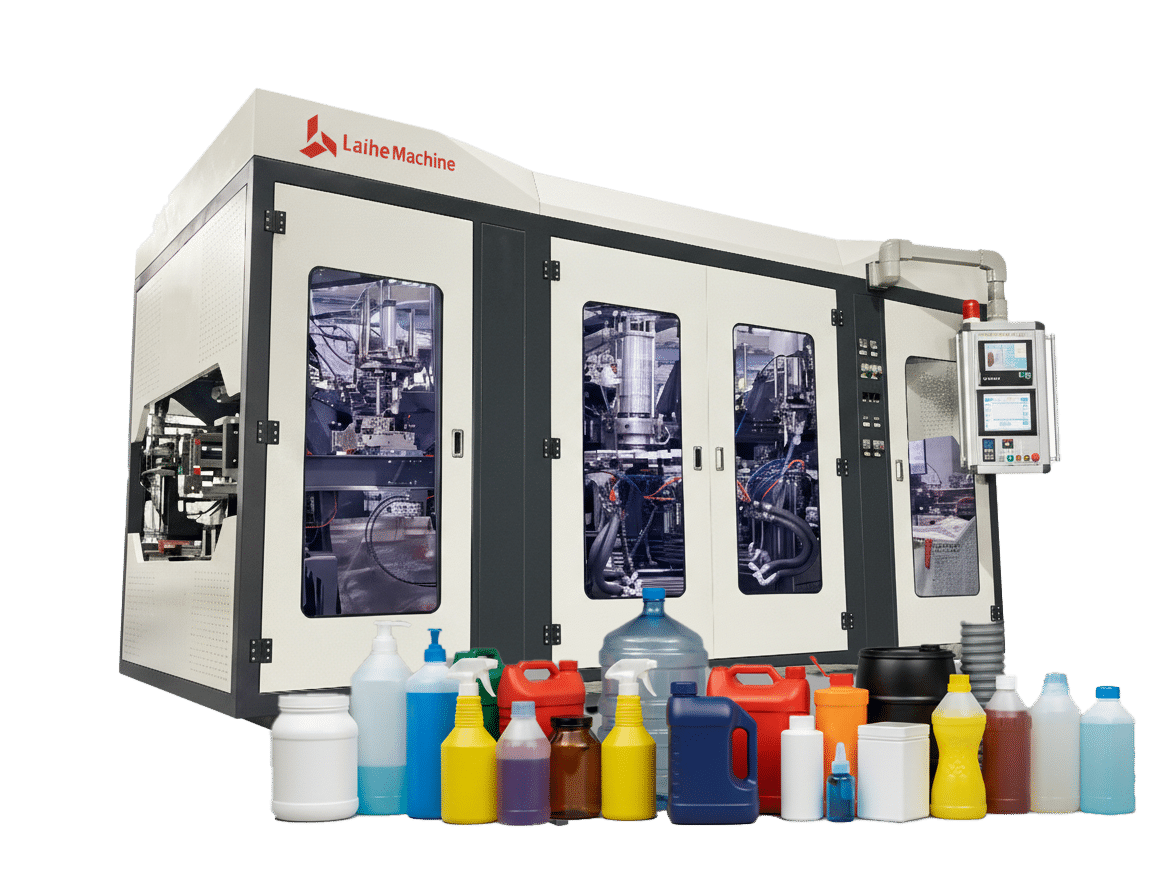 Enclosed extrusion blow molding machine with multi-door cabinet, control panel, and visible hydraulic and pneumatic lines