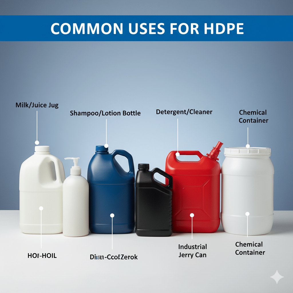 Lineup of HDPE bottles and jerry cans labeled for common packaging uses