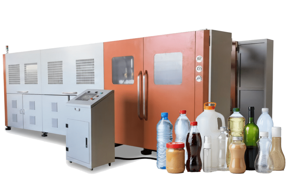 Stretch blow molding machine with enclosed cabinets and viewing windows