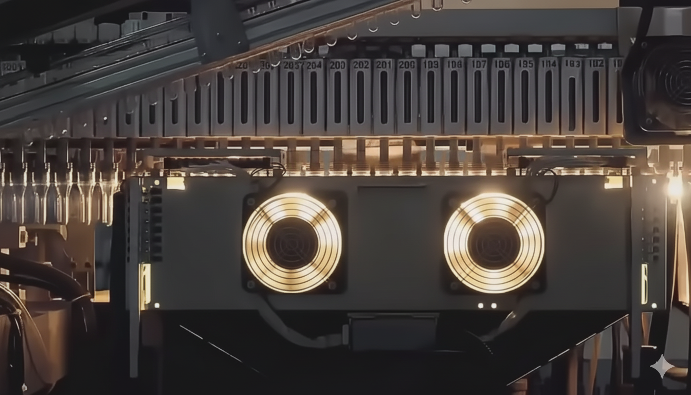 Stretch blow molding machine heating tunnel with illuminated cooling fans and PET preforms