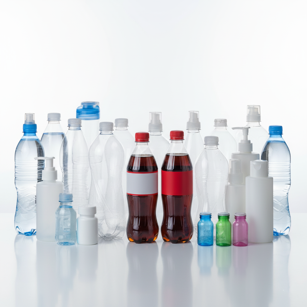 Assorted PET and HDPE bottles and jars with caps, pumps, and closures arranged on a white background