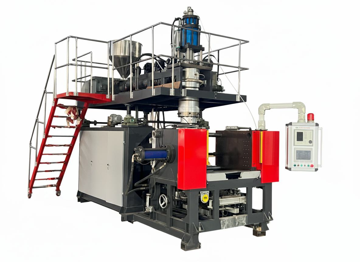 Extrusion blow molding machine with ladder, control panel, and clamping unit