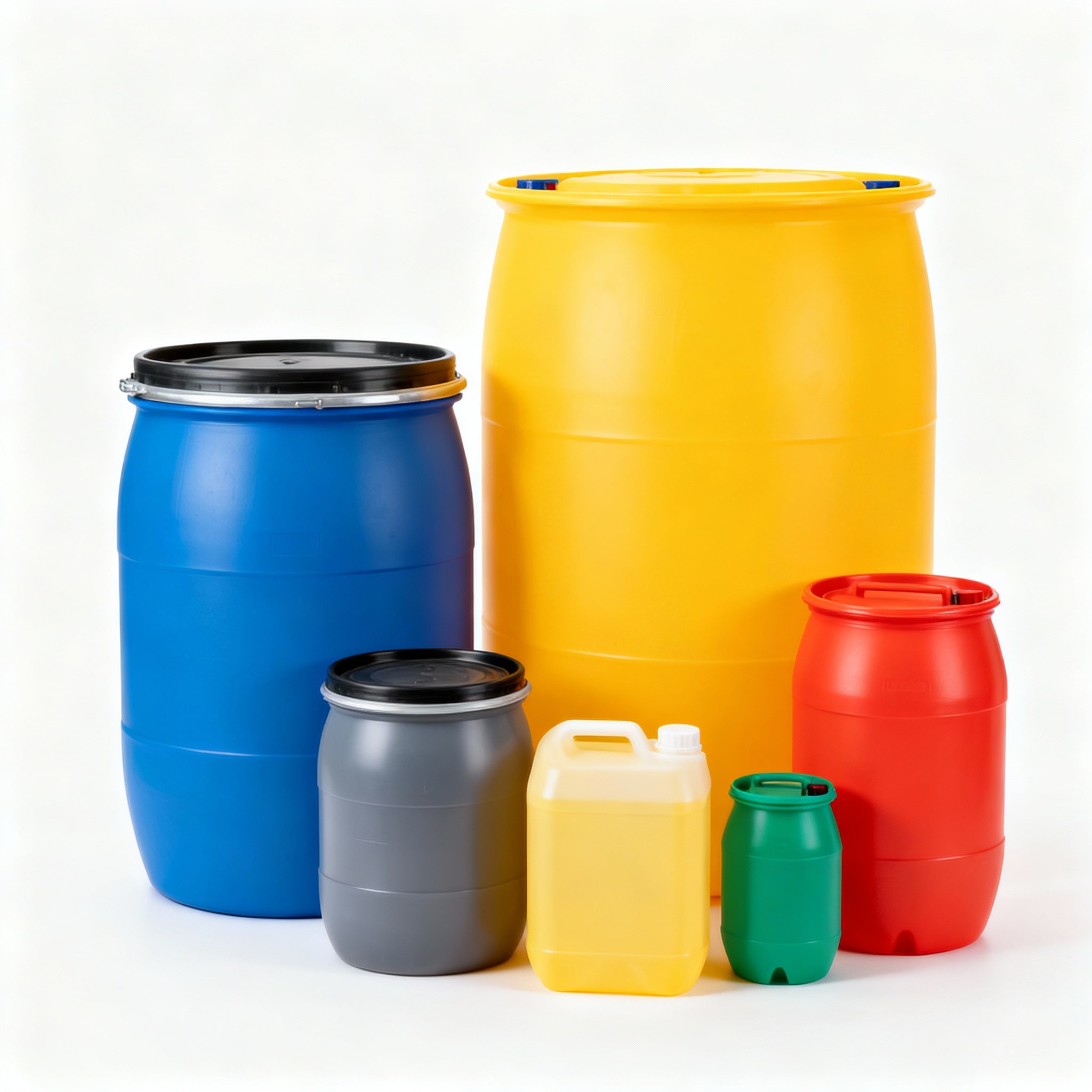 Assorted plastic drums and jerrycan for liquid storage, in yellow, blue, red, gray, and green