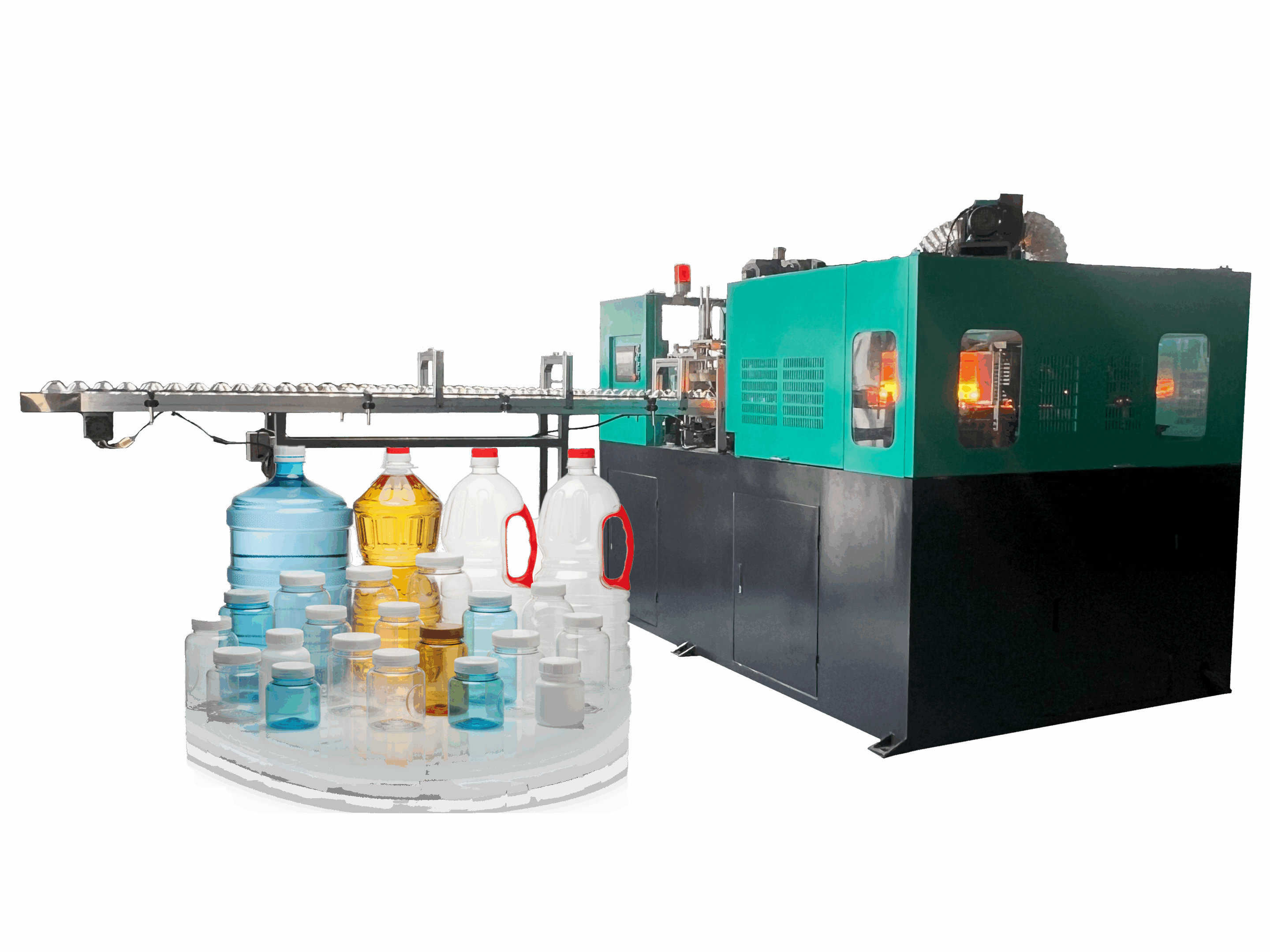 Stretch blow molding machine with enclosed ovens, roller conveyor, and assorted plastic bottles and wide-mouth jars