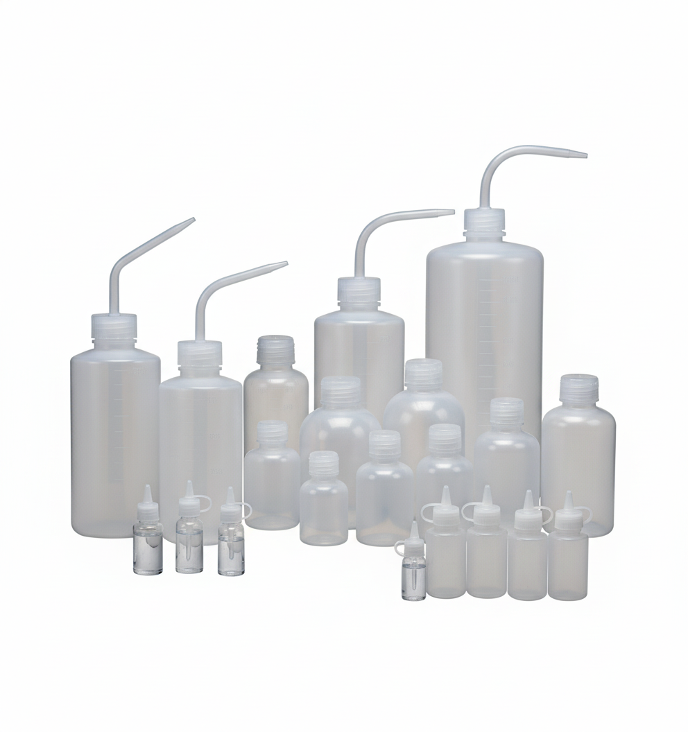 Clear polypropylene bottles with screw caps and angled spouts, shown in assorted sizes