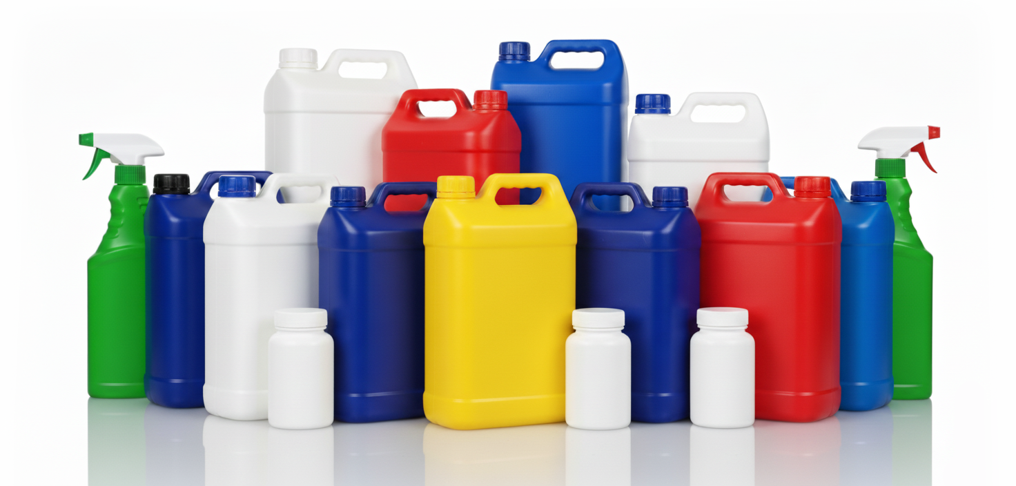 Assorted HDPE juice bottles with white caps in multiple shapes and sizes