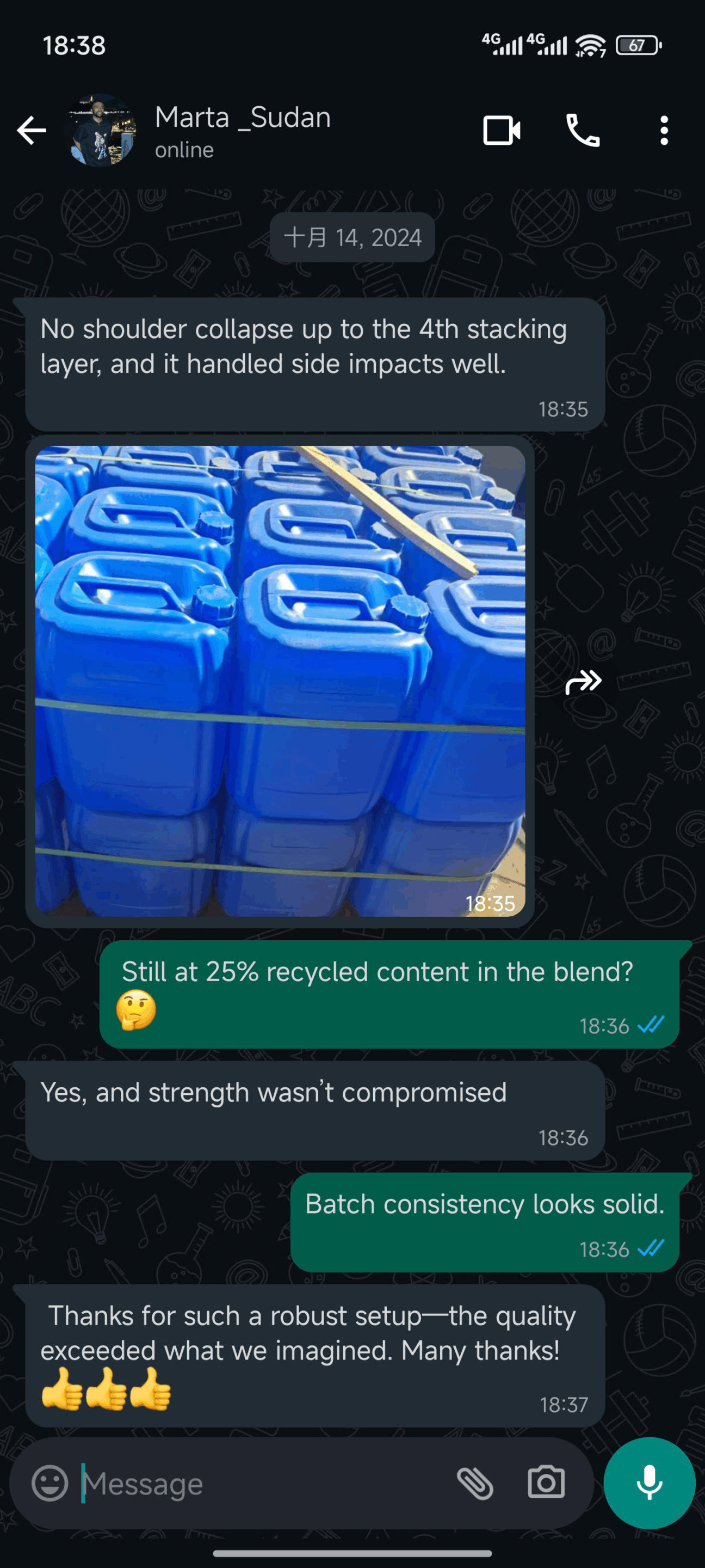 WhatsApp chat showing stacked blue HDPE jerrycans and positive customer feedback on durability