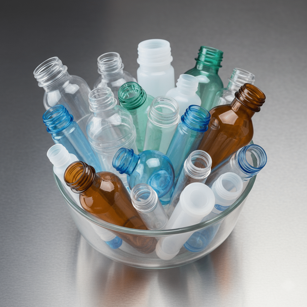 Assorted PET preforms and small sample bottles in a glass bowl on stainless surface