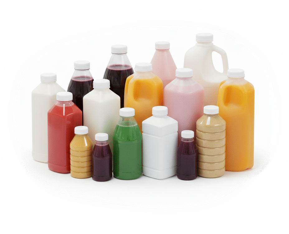 Assorted HDPE juice bottles with white caps in multiple shapes and sizes