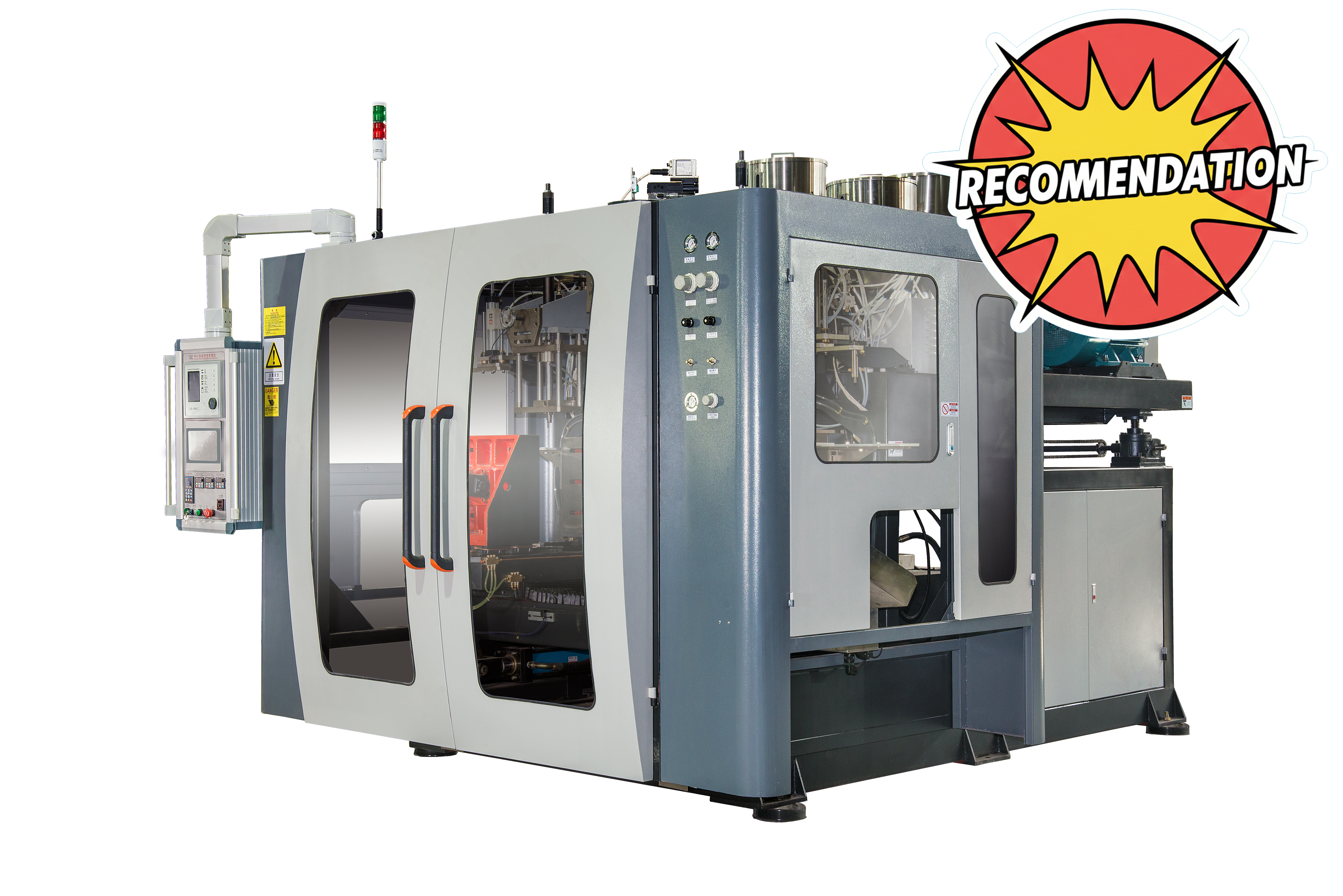 Enclosed extrusion blow molding machine with control panel, safety doors, and viewing windows