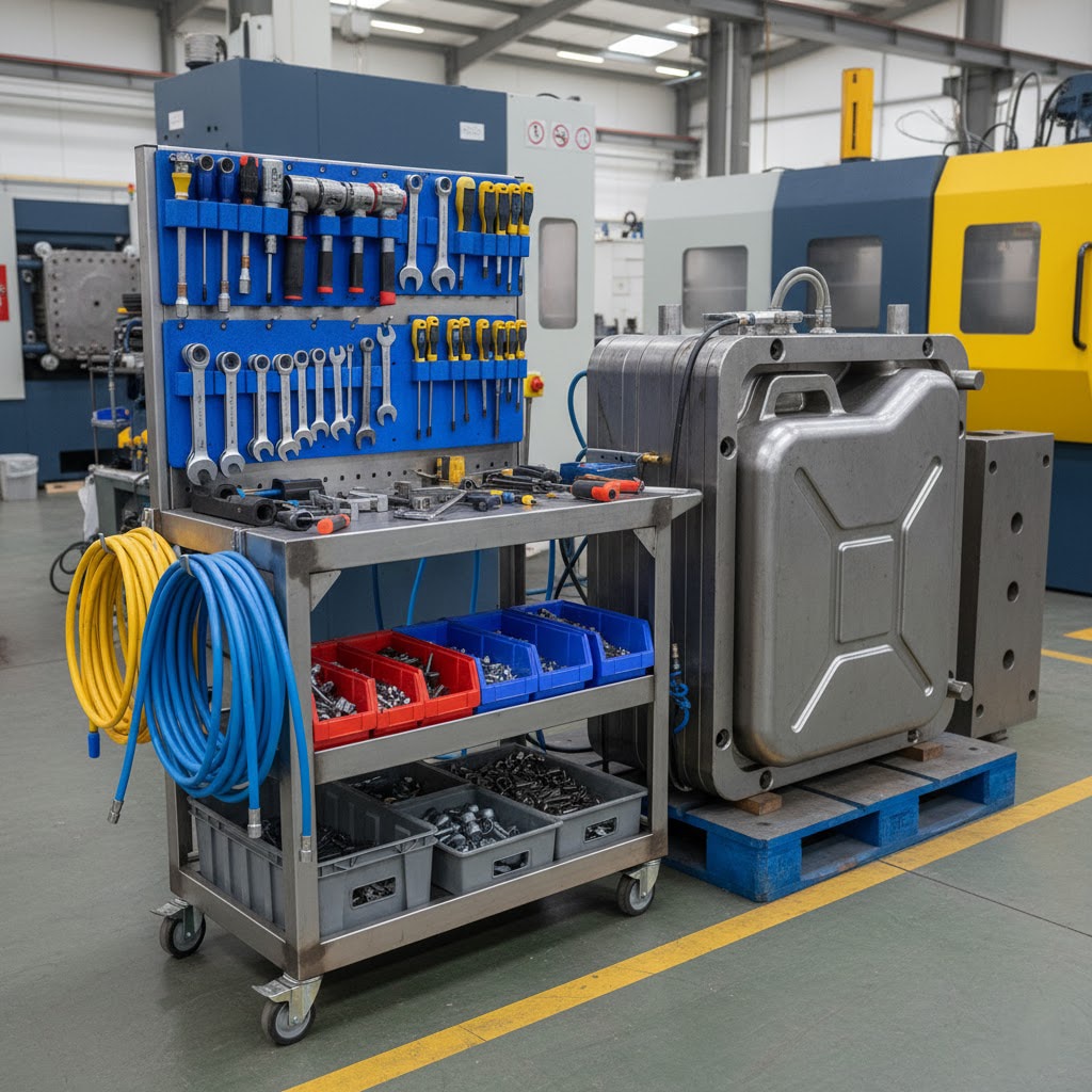Extrusion blow molding mold half and tooling cart with wrenches, air hoses, and fastener bins in factory