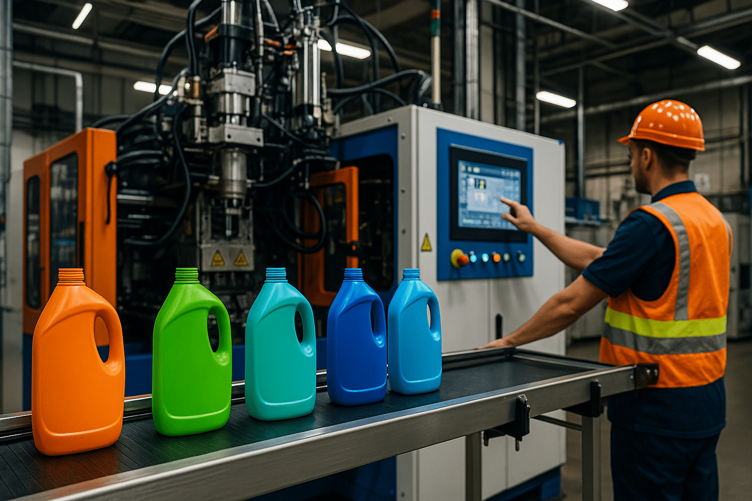 Automatic extrusion blow molding machine producing colorful HDPE detergent bottles on a conveyor while an operator adjusts the touchscreen control panel