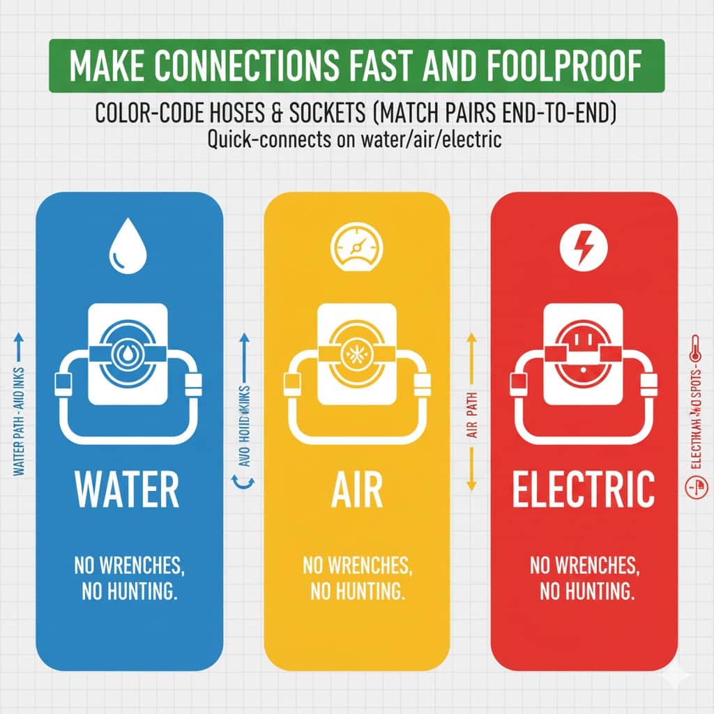 Color-coded quick-connects for water, air and electric on extrusion blow molding machine setup