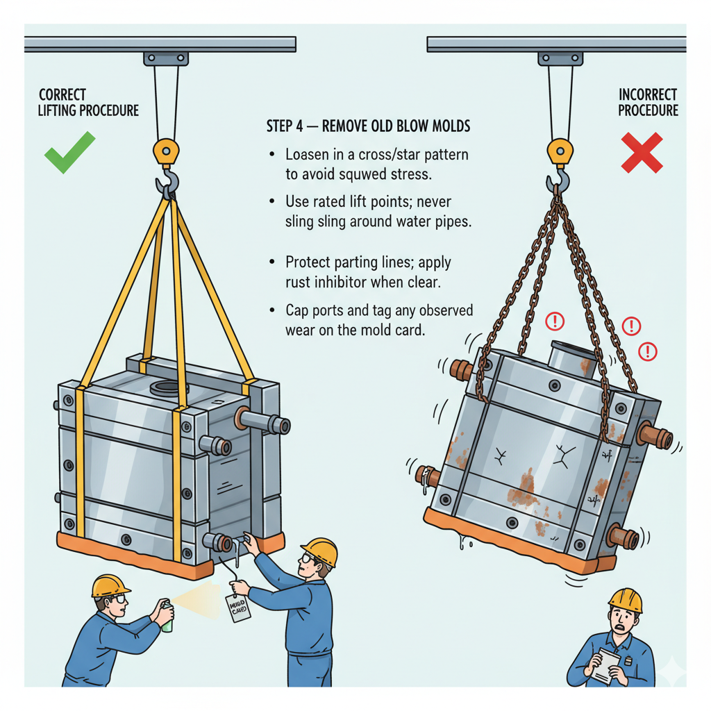 Extrusion blow molding mold removal: correct sling lift at rated points vs unsafe chain on pipes; ports capped, wear tagged