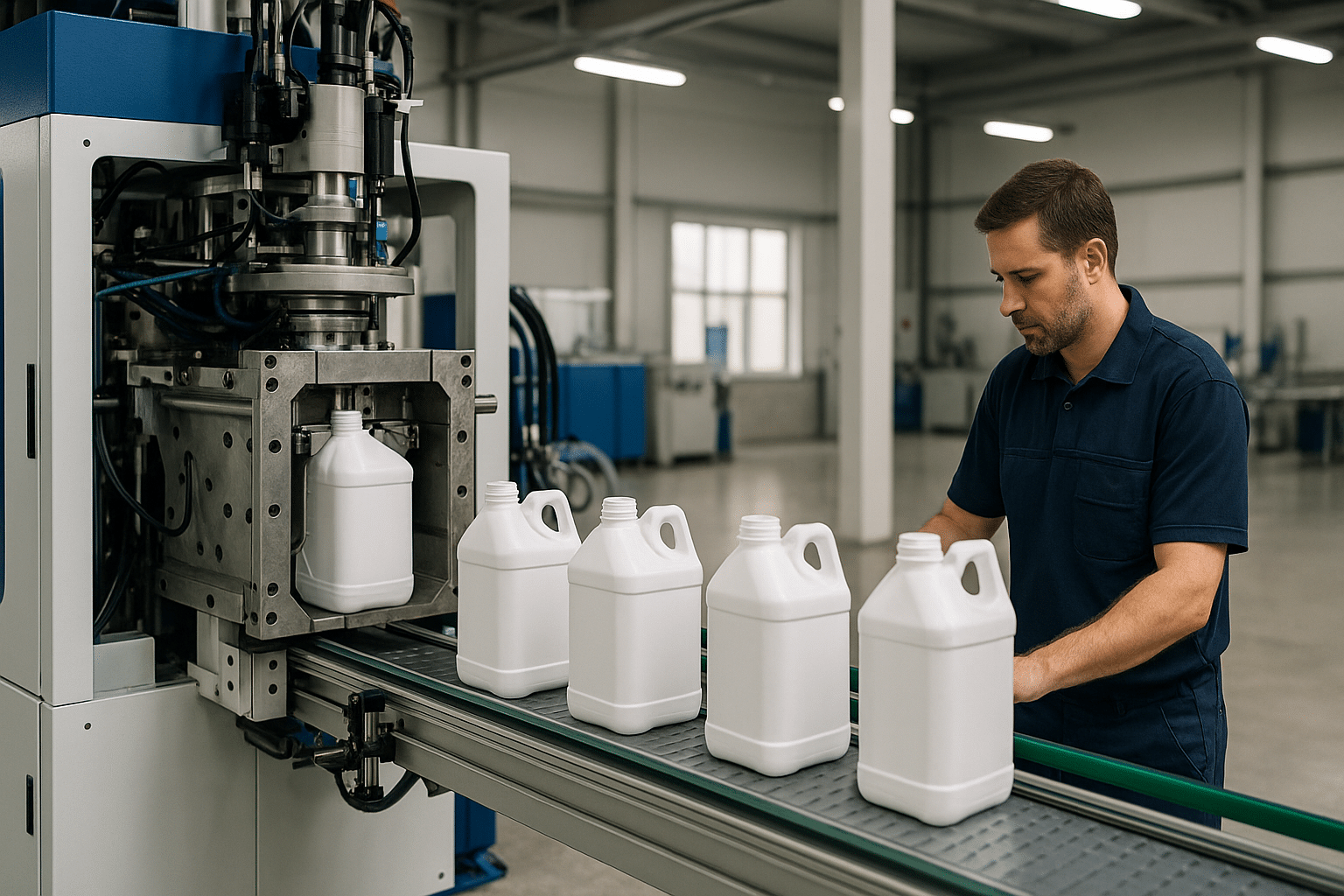 Extrusion Blow Molding Machine for HDPE Jerry Can Manufacturing Technician inspecting HDPE jerry cans on an extrusion blow molding machine production line