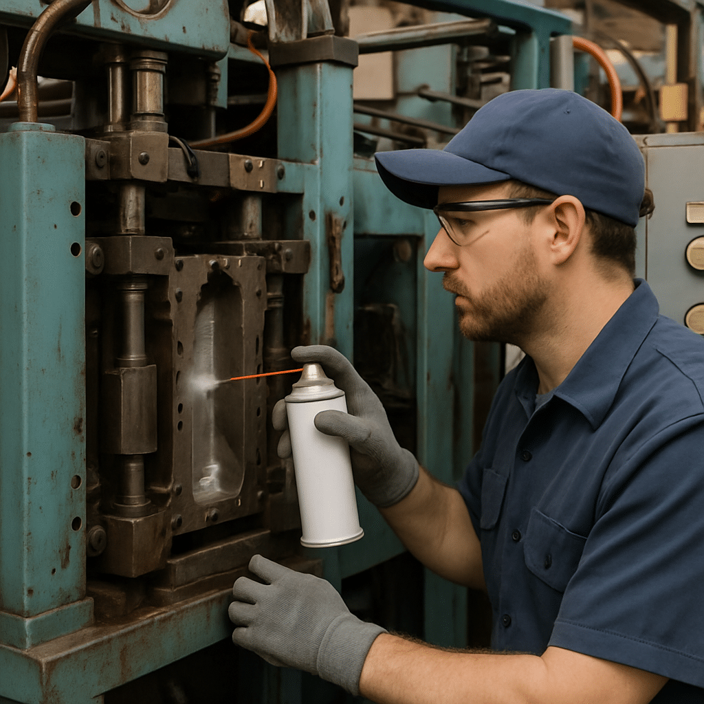 Technician spraying bottle mold cavity on blow molding machine