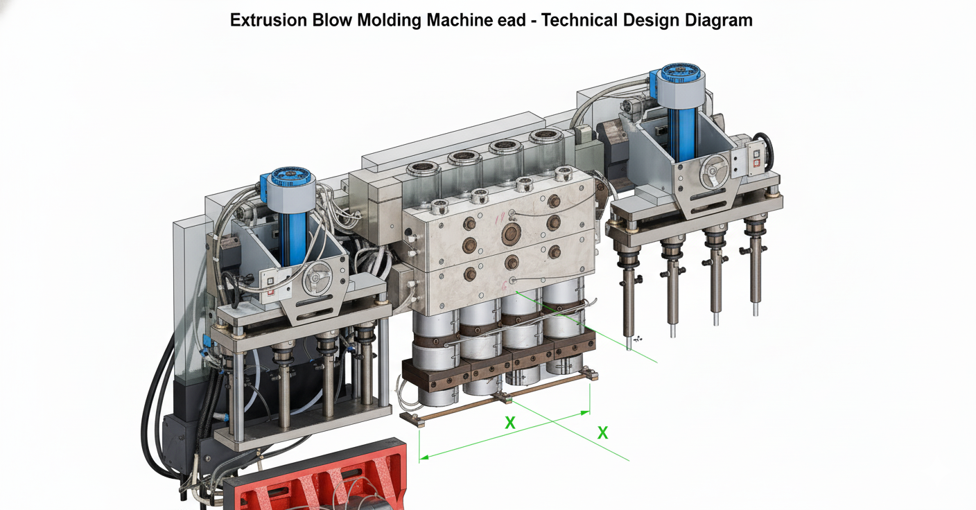 Extrusion blow molding machine multi-die head with manifold block, heaters, and X-marked center distance