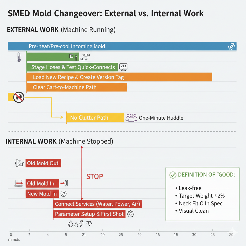 SMED mold changeover timeline for extrusion blow molding machine, external vs internal work with tasks and stop point