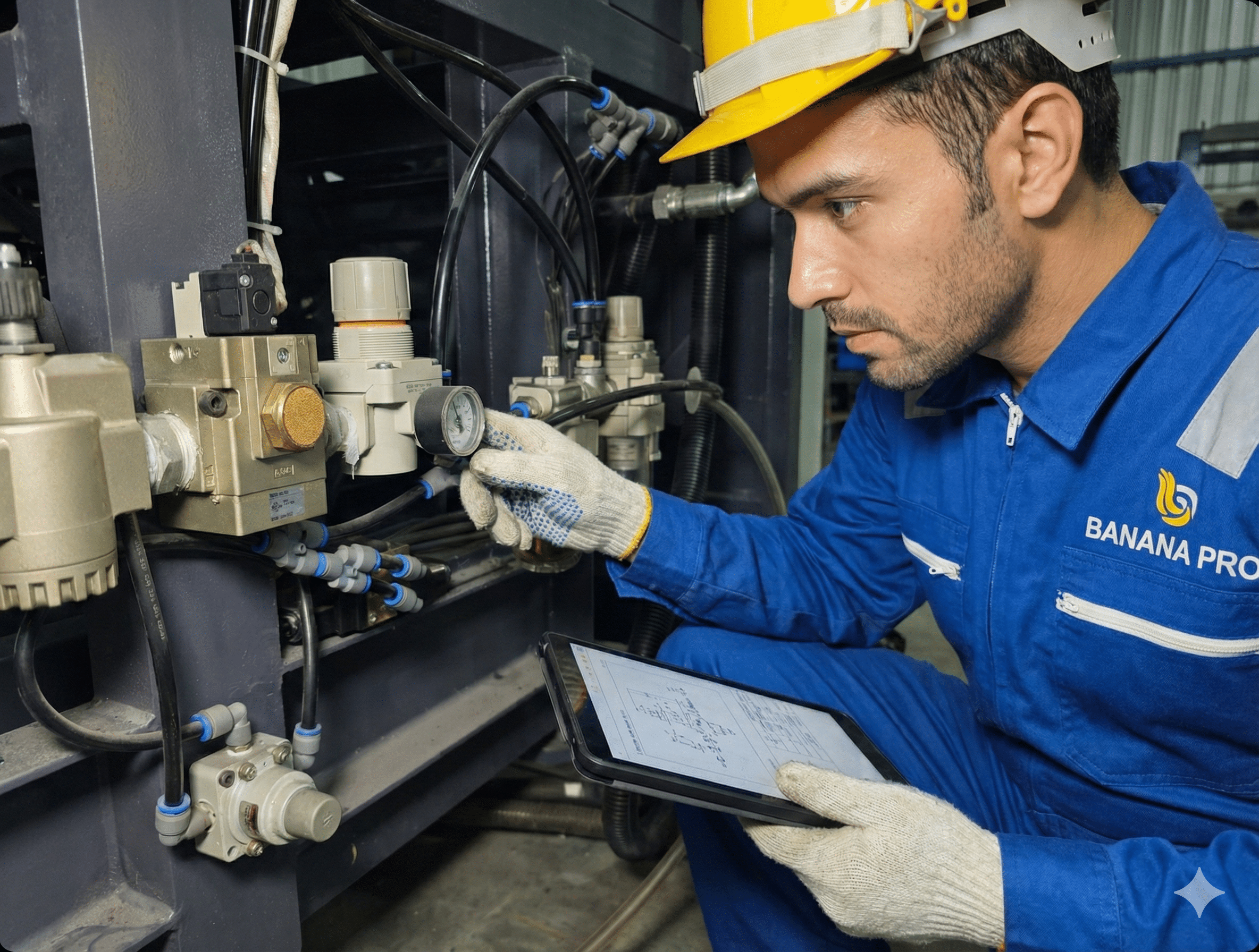 Technician checking pneumatic lubrication unit on extrusion blow molding machine