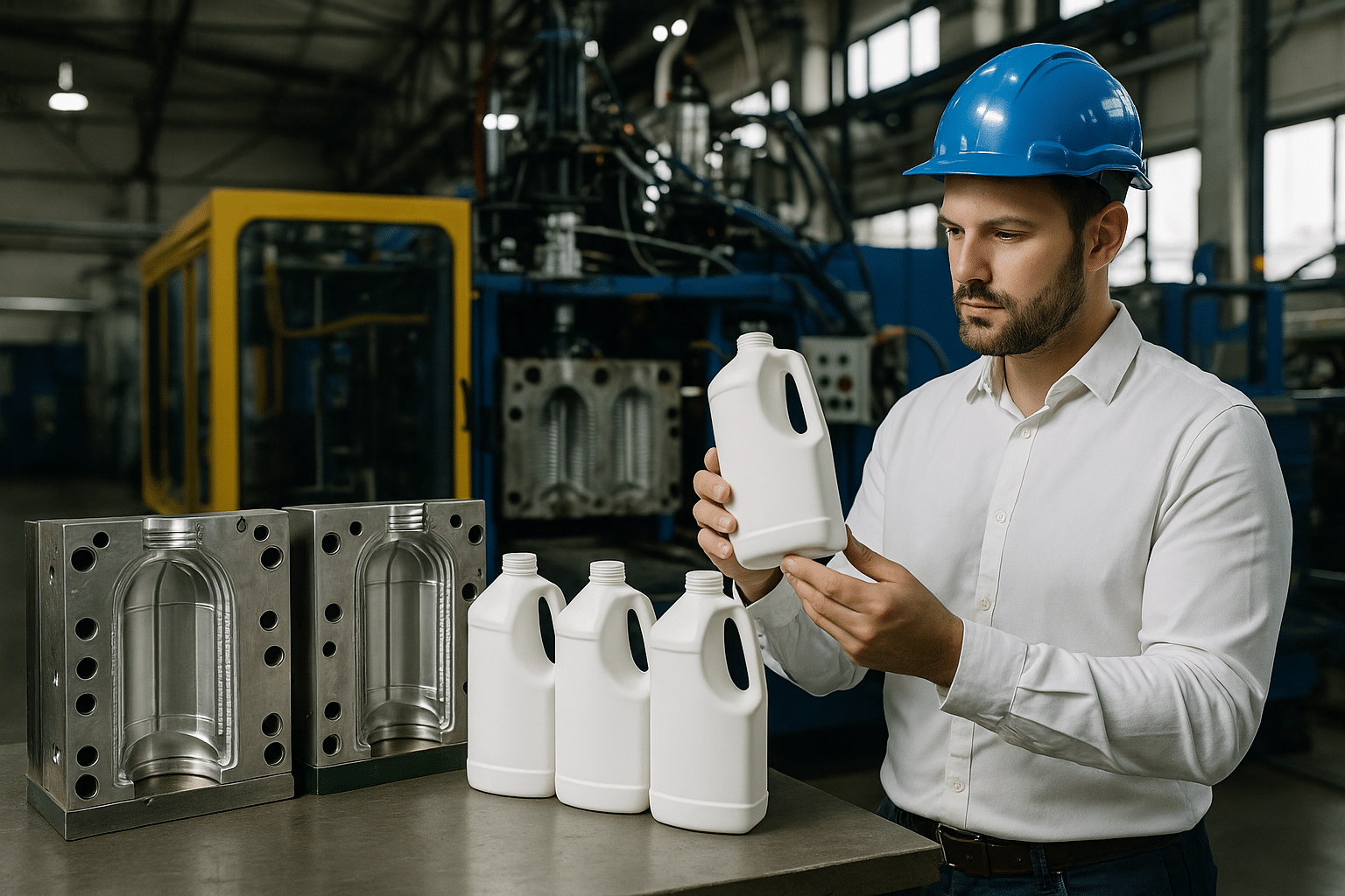 Engineer checking white plastic detergent bottles beside metal blow molds and extrusion blow molding machine