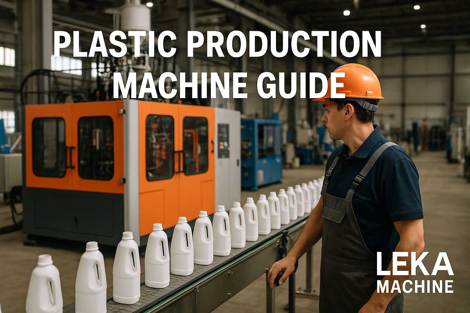 Operator monitoring an extrusion blow molding plastic production machine with HDPE detergent bottles moving on a conveyor in a modern LEKA Machine factory.