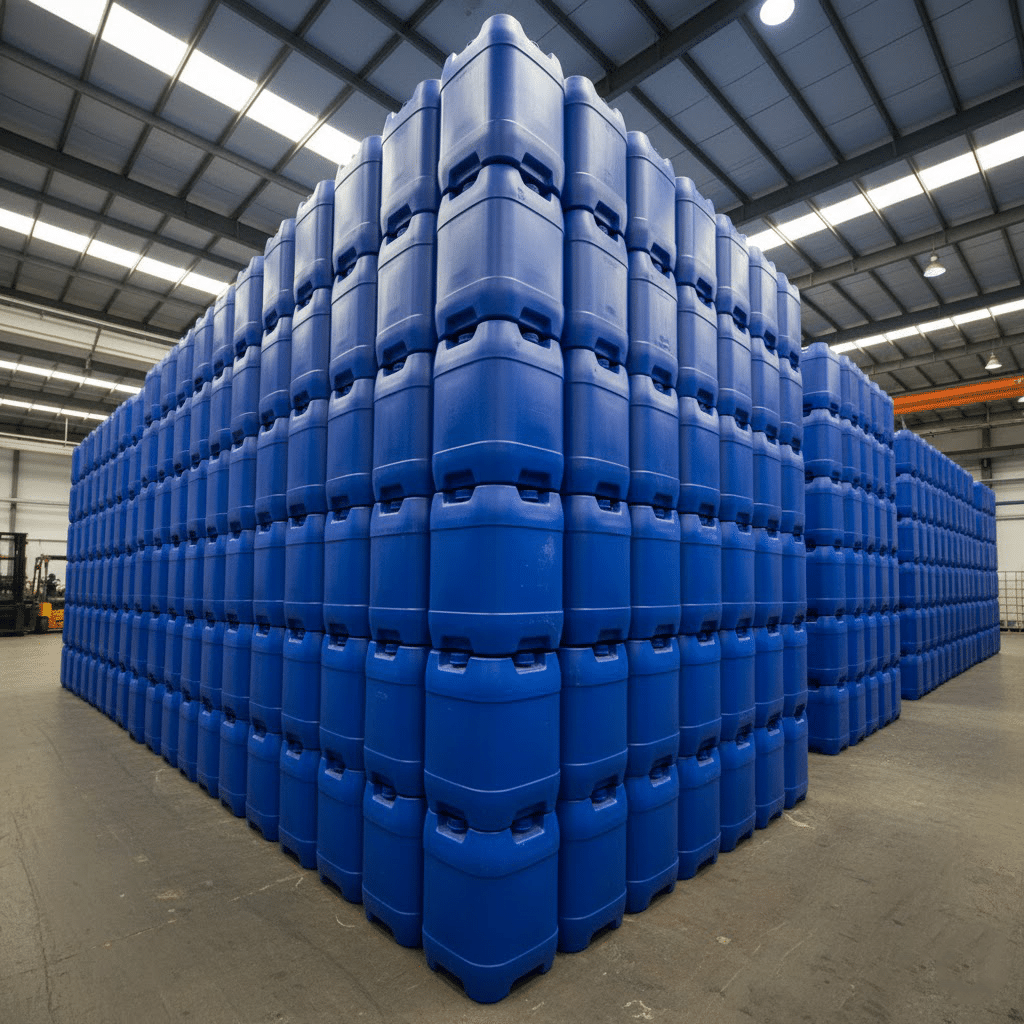 Blue stackable plastic jerrycans neatly stacked in a warehouse