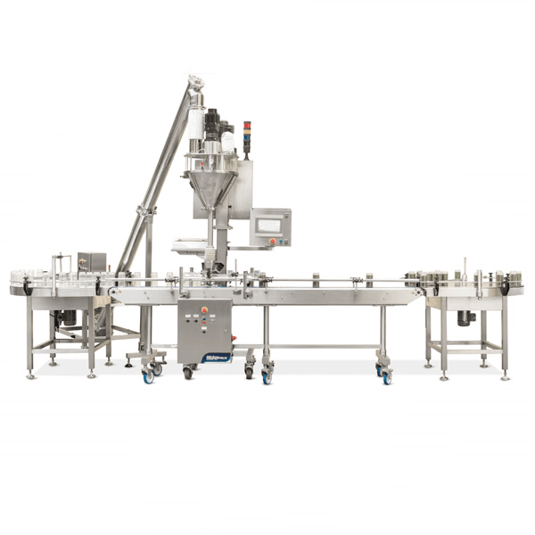 Máquina llenadora de botellas de plástico con llenador de sinfín y línea transportadora