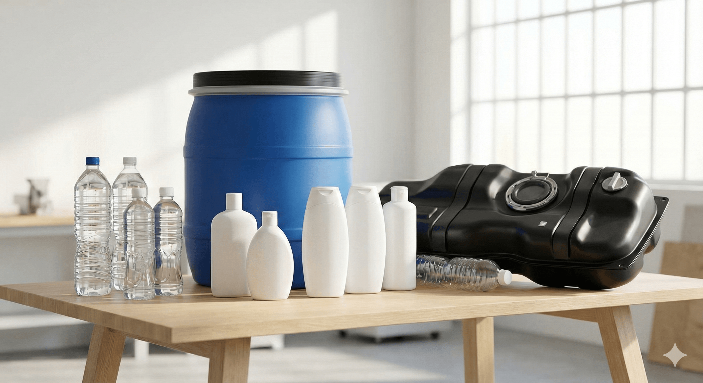 A diverse collection of blow moulded plastic products including water bottles, shampoo containers, a blue industrial drum, and an automotive fuel tank on a wooden table.