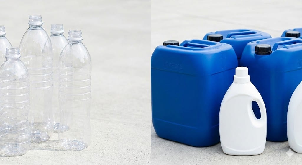 Comparison shot showing clear PET beverage bottles next to durable blue HDPE industrial jerry cans and detergent bottles.