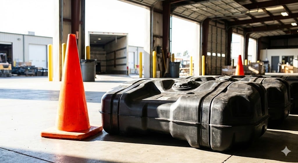 Heavy-duty industrial blow molded parts including a bright orange traffic cone and a large black automotive fuel tank in a warehouse setting.