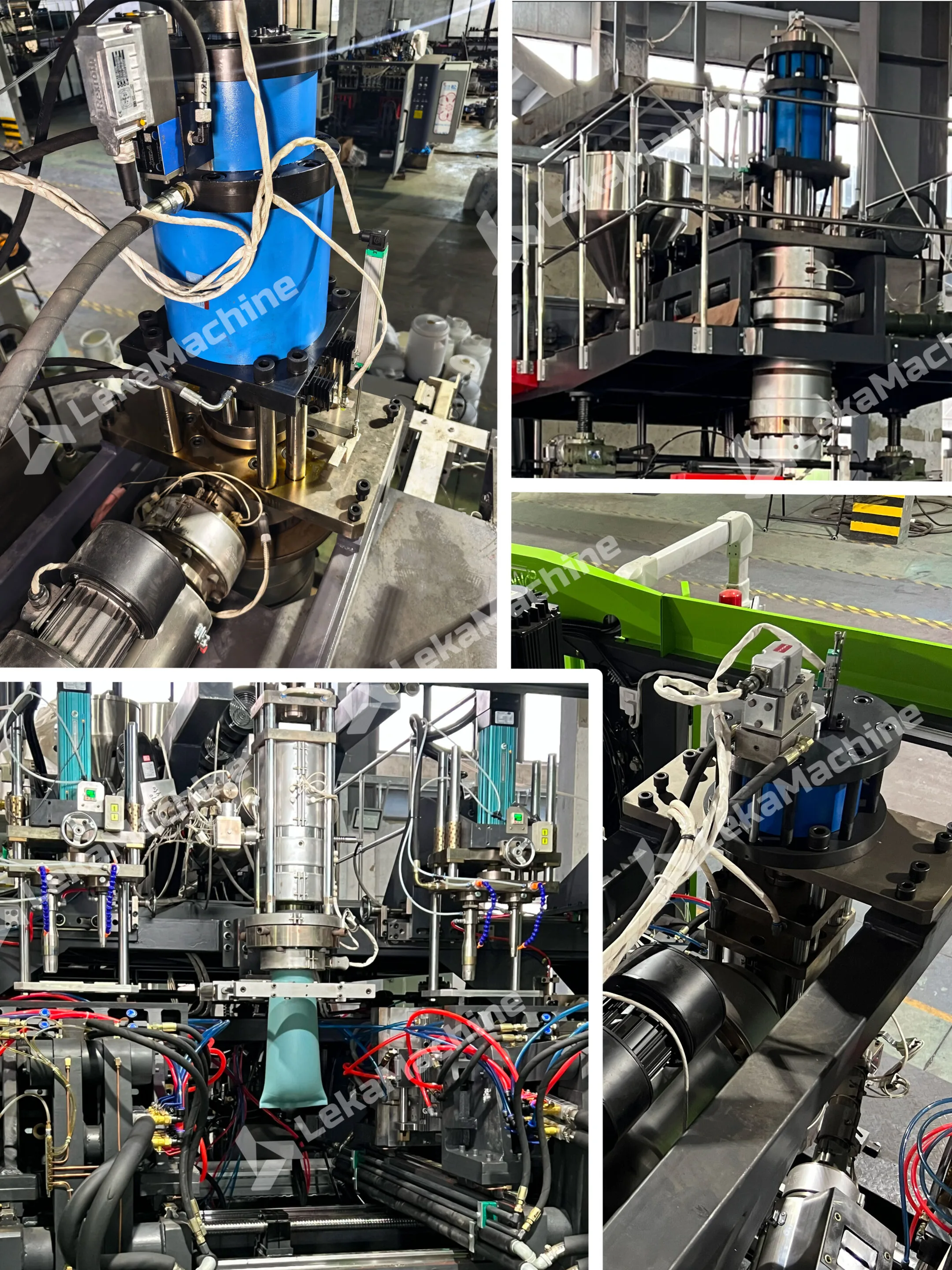 Accumulator and continuous extrusion head assemblies on an extrusion blow molding machine
