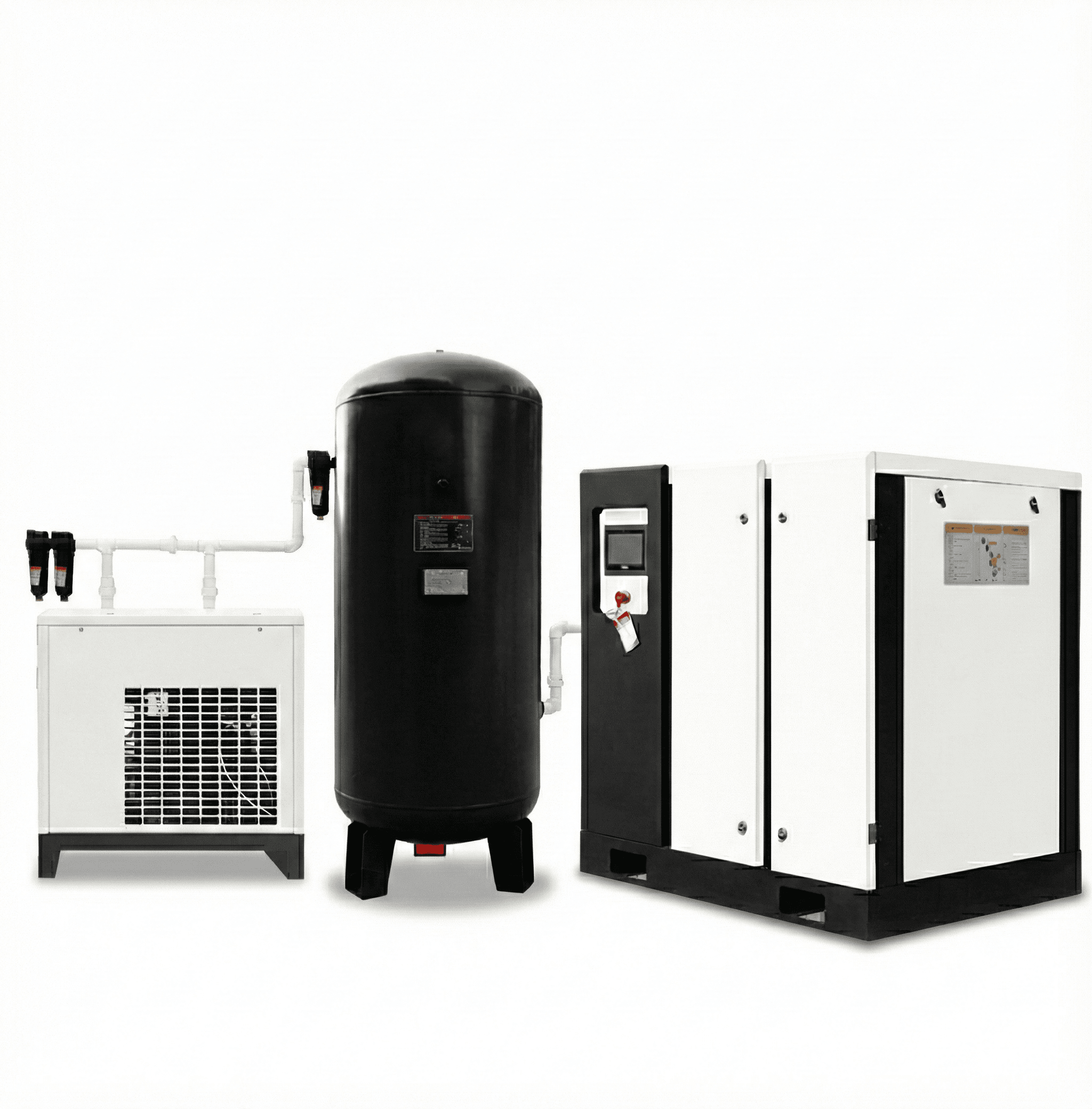 Sistema de compresor de aire industrial con tanque de aire y secador para línea de máquinas de moldeo por extrusión y soplado.