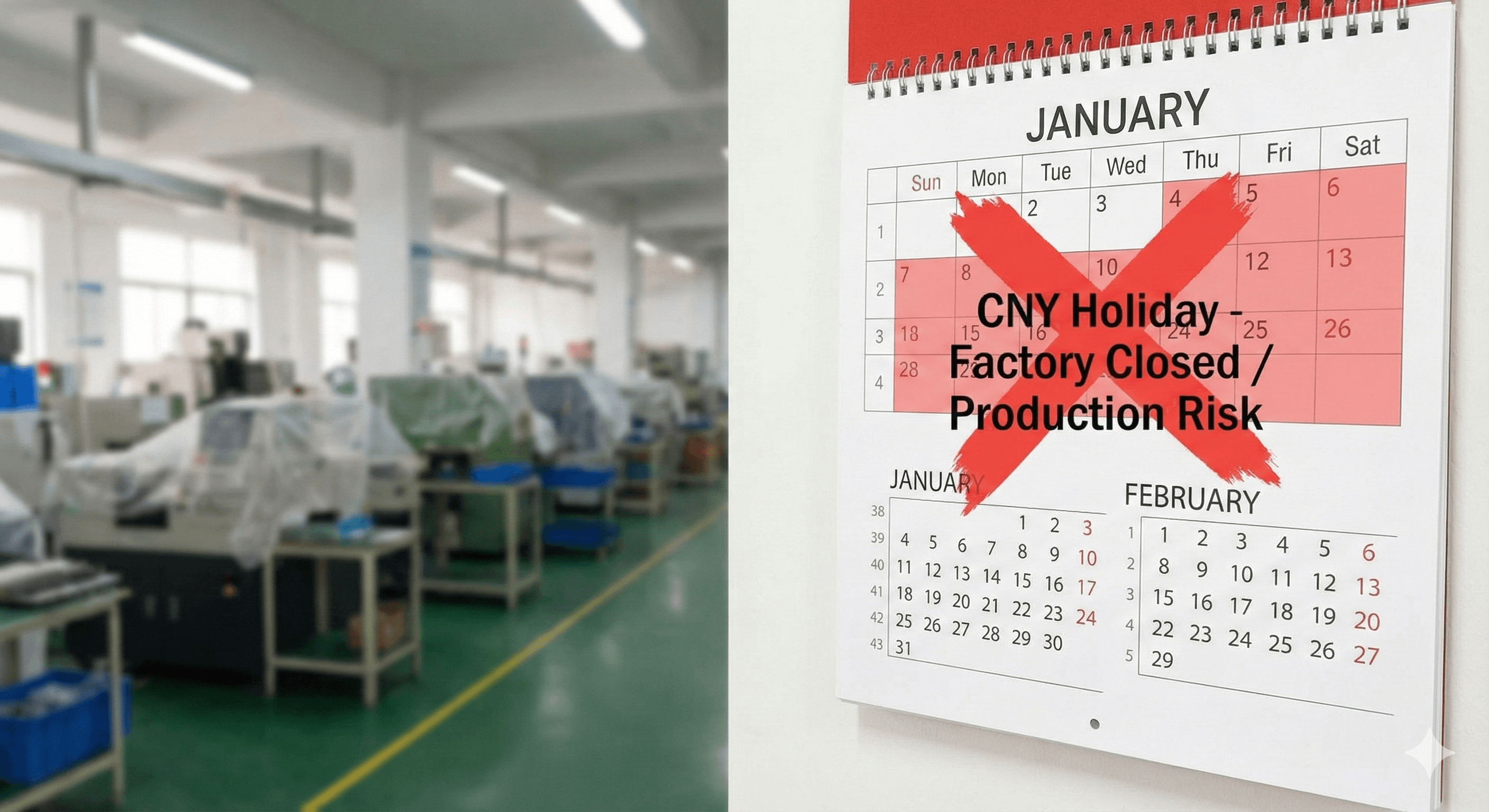 Factory wall calendar with January CNY holiday marked as shutdown over blurred idle production line