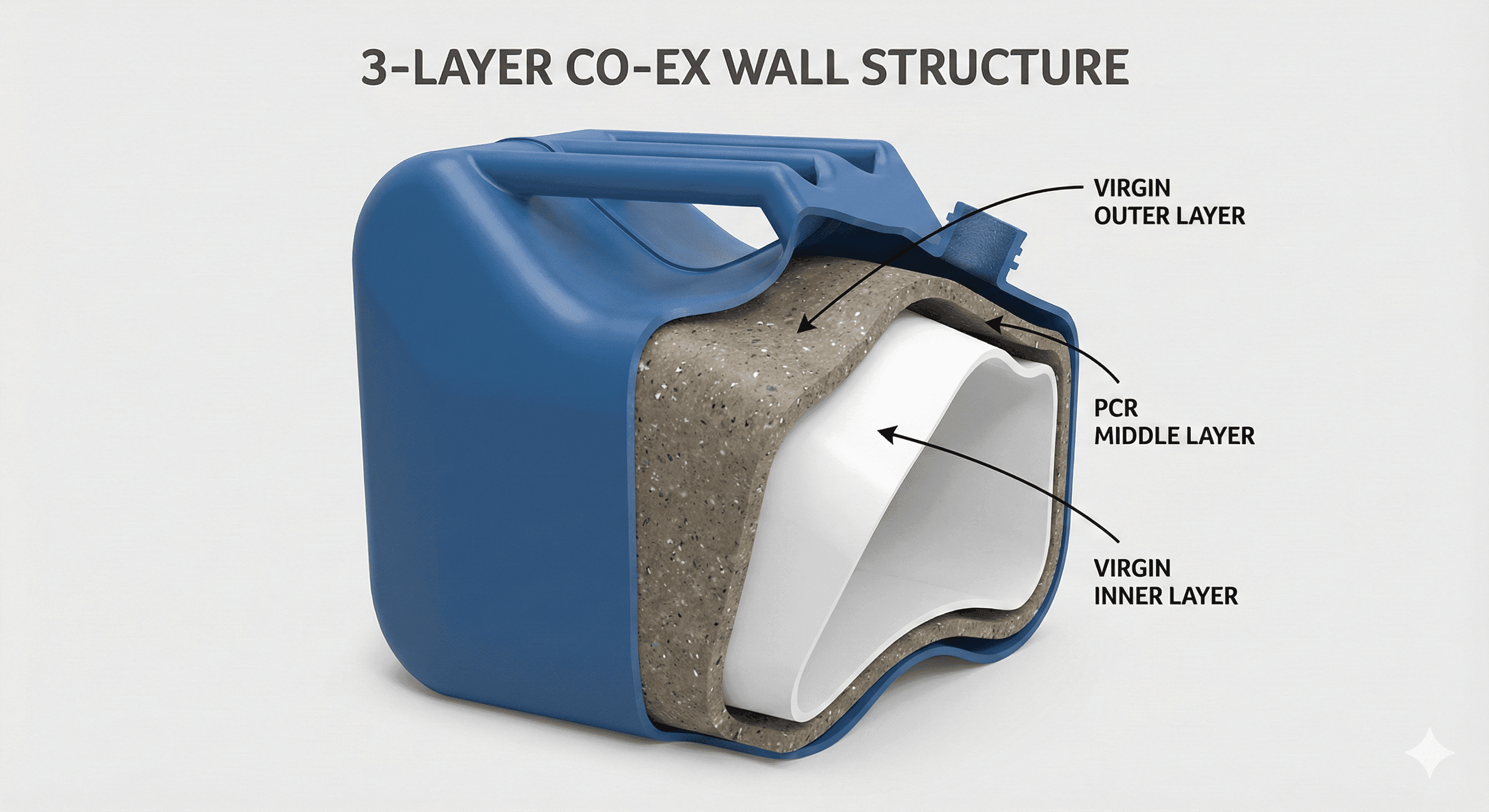 Three-layer co-extruded jerry can wall with virgin outer layer, PCR middle layer, and virgin inner layer