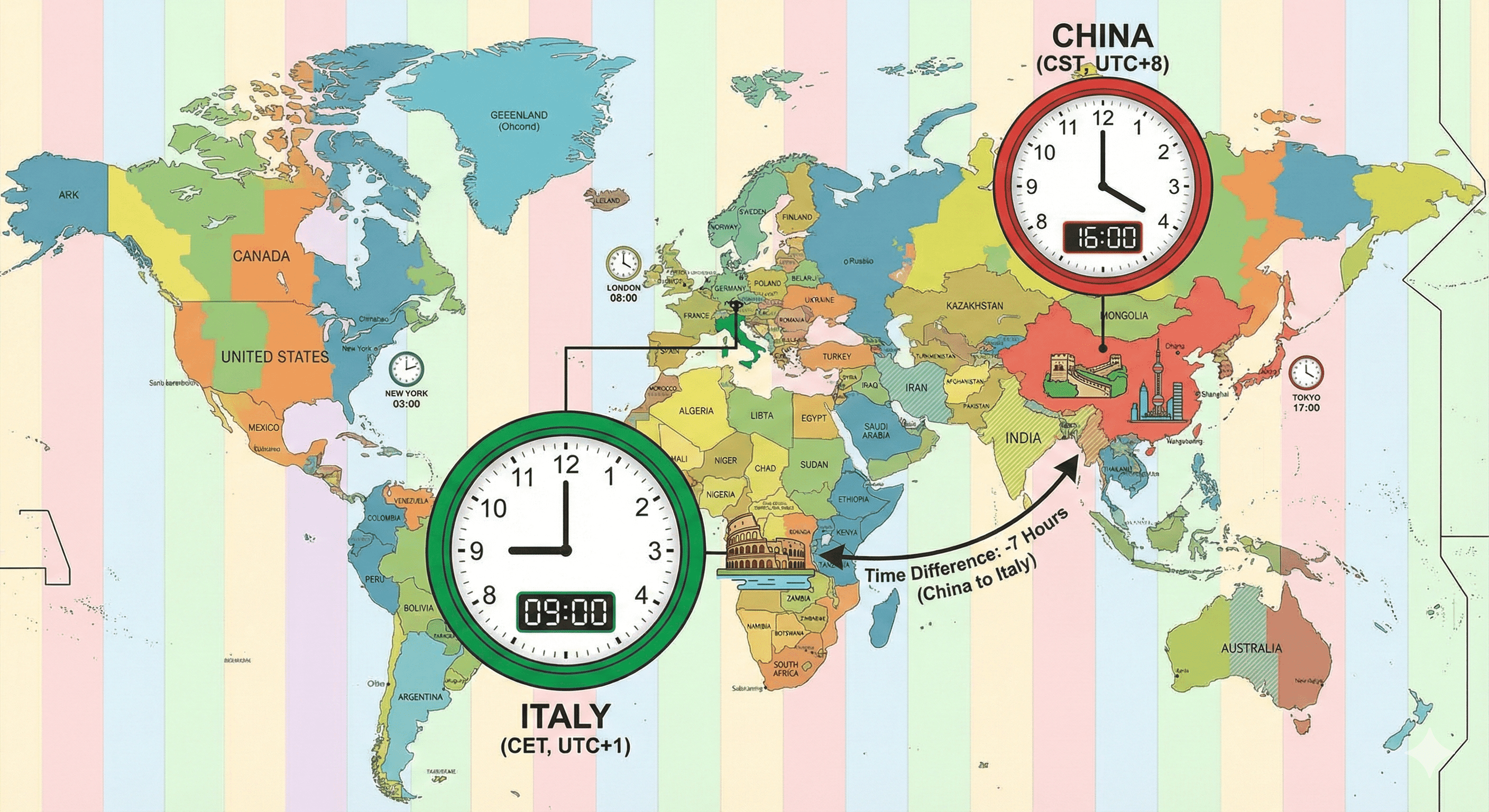 World time zone map comparing China and Italy with clocks showing a 7-hour time difference.