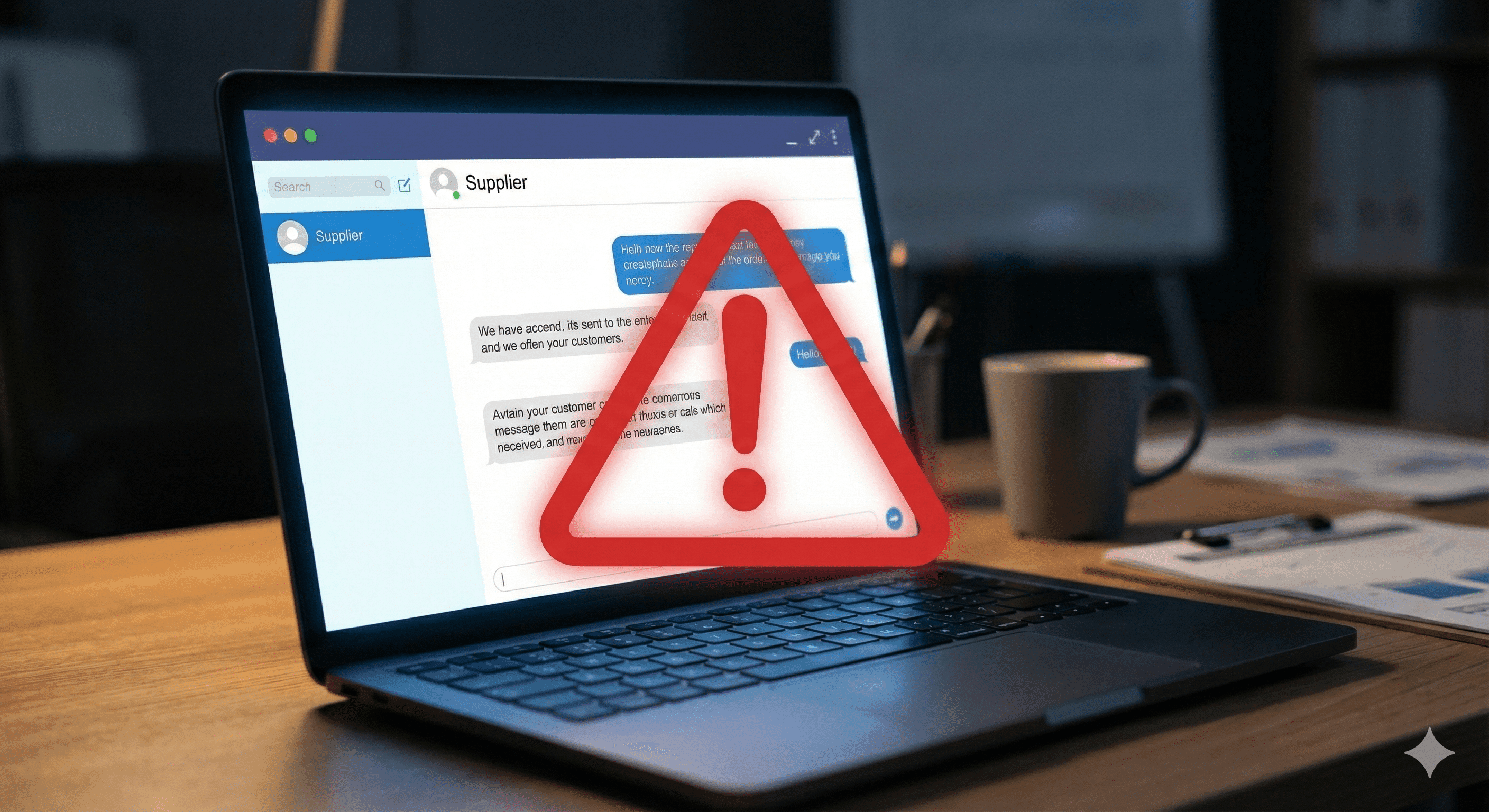 warning sign over supplier chat discussing extrusion blow molding machine quotation risks