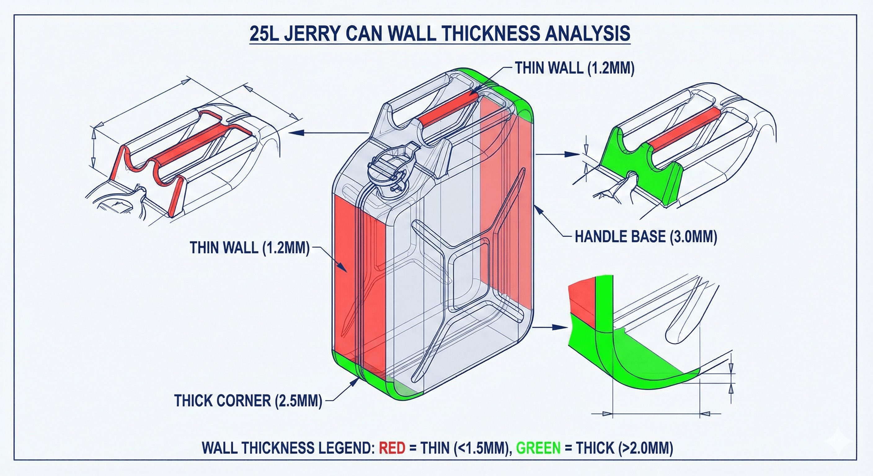 25L plastic jerry can wall thickness distribution diagram showing thin walls and reinforced corners