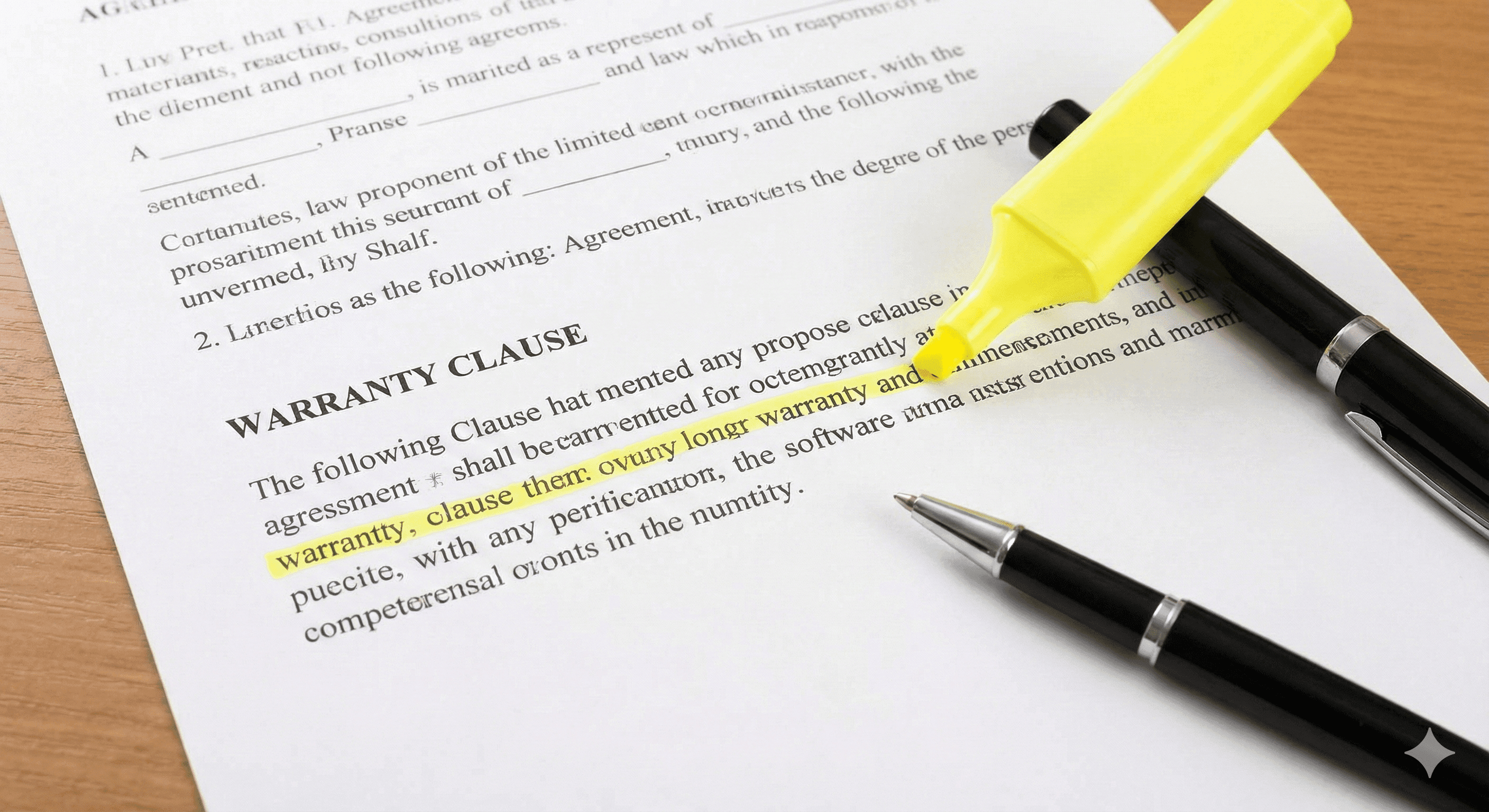 Contract document with warranty clause highlighted and pen on desk