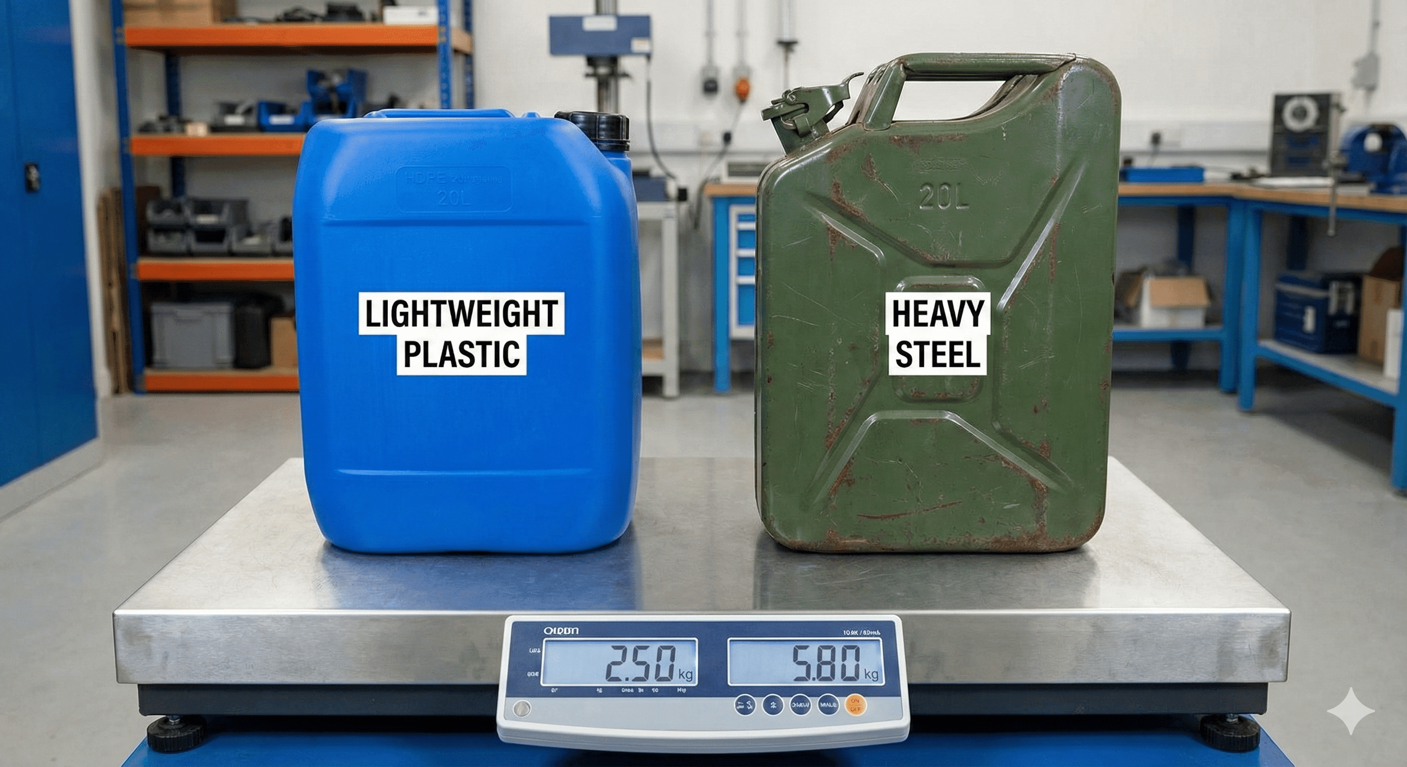 Plastic jerry can versus steel jerry can weight comparison on industrial scale