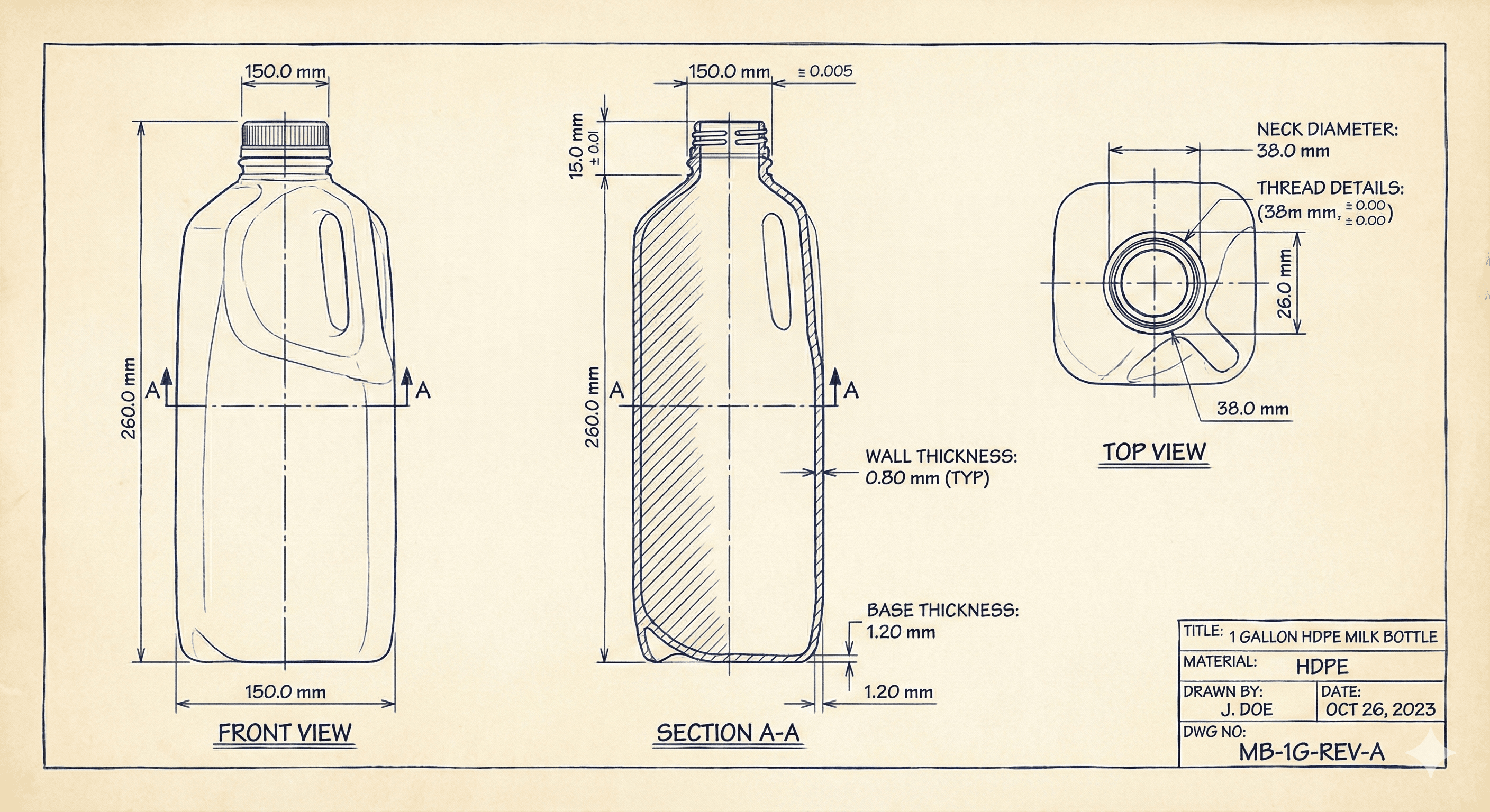 HDPE milk bottle technical drawing front section top views for extrusion blow molding design