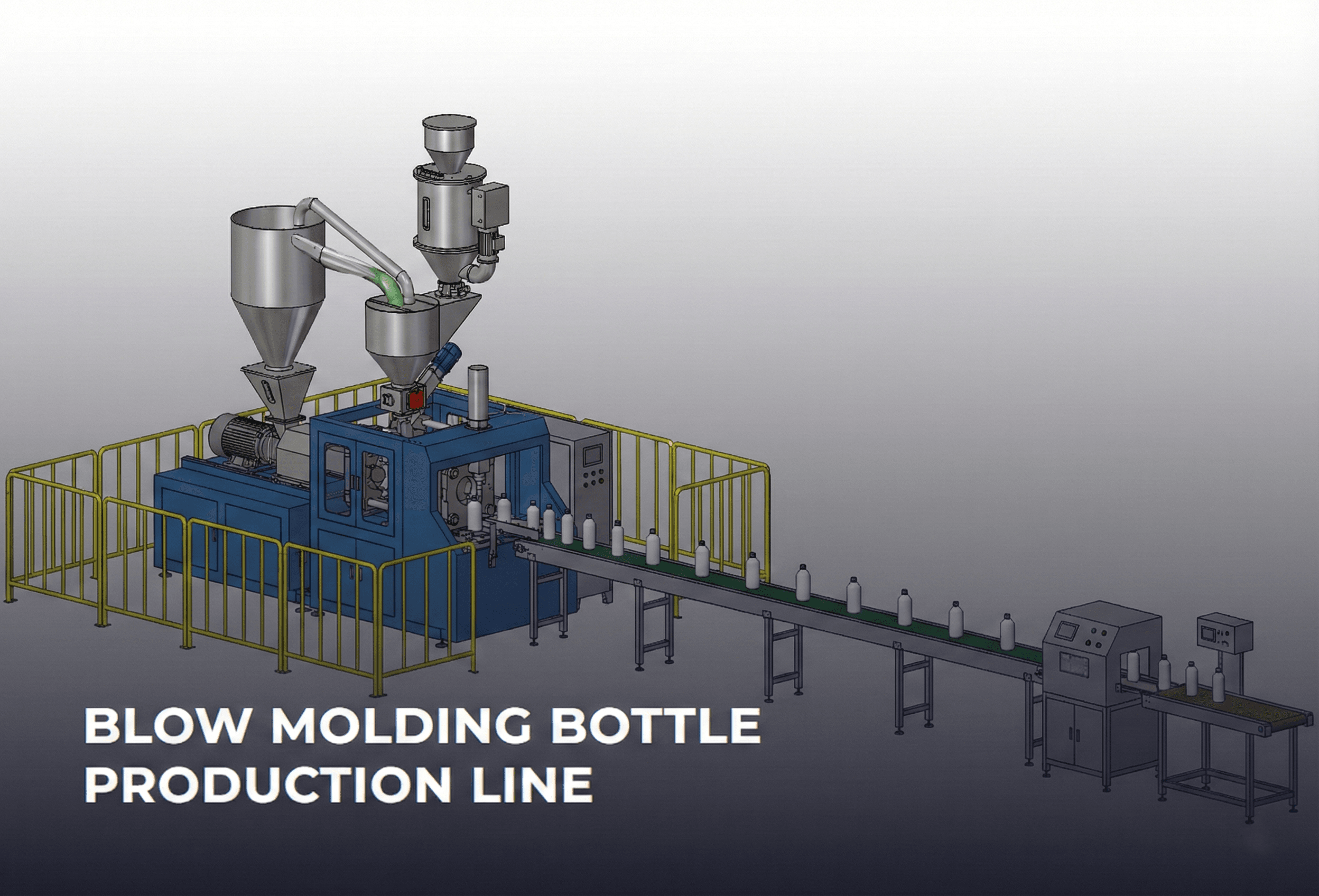 Línea de producción de botellas de moldeo por extrusión-soplado con máquina protegida, tolvas de resina y transportador de salida de botellas