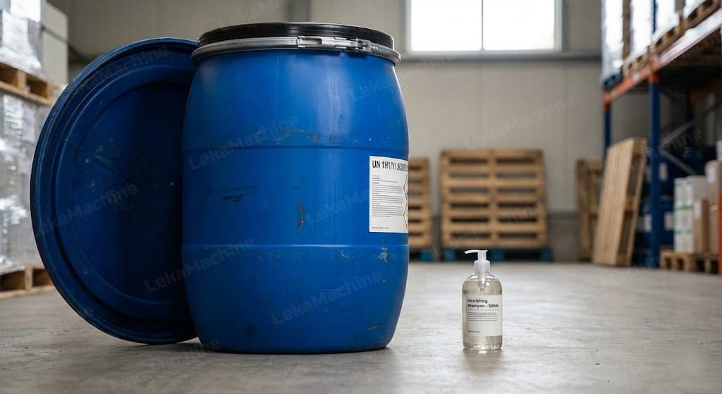 Large blue plastic drum with lid and small pump bottle on warehouse floor