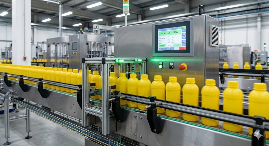 Automated leak tester inspecting yellow plastic bottles on conveyor