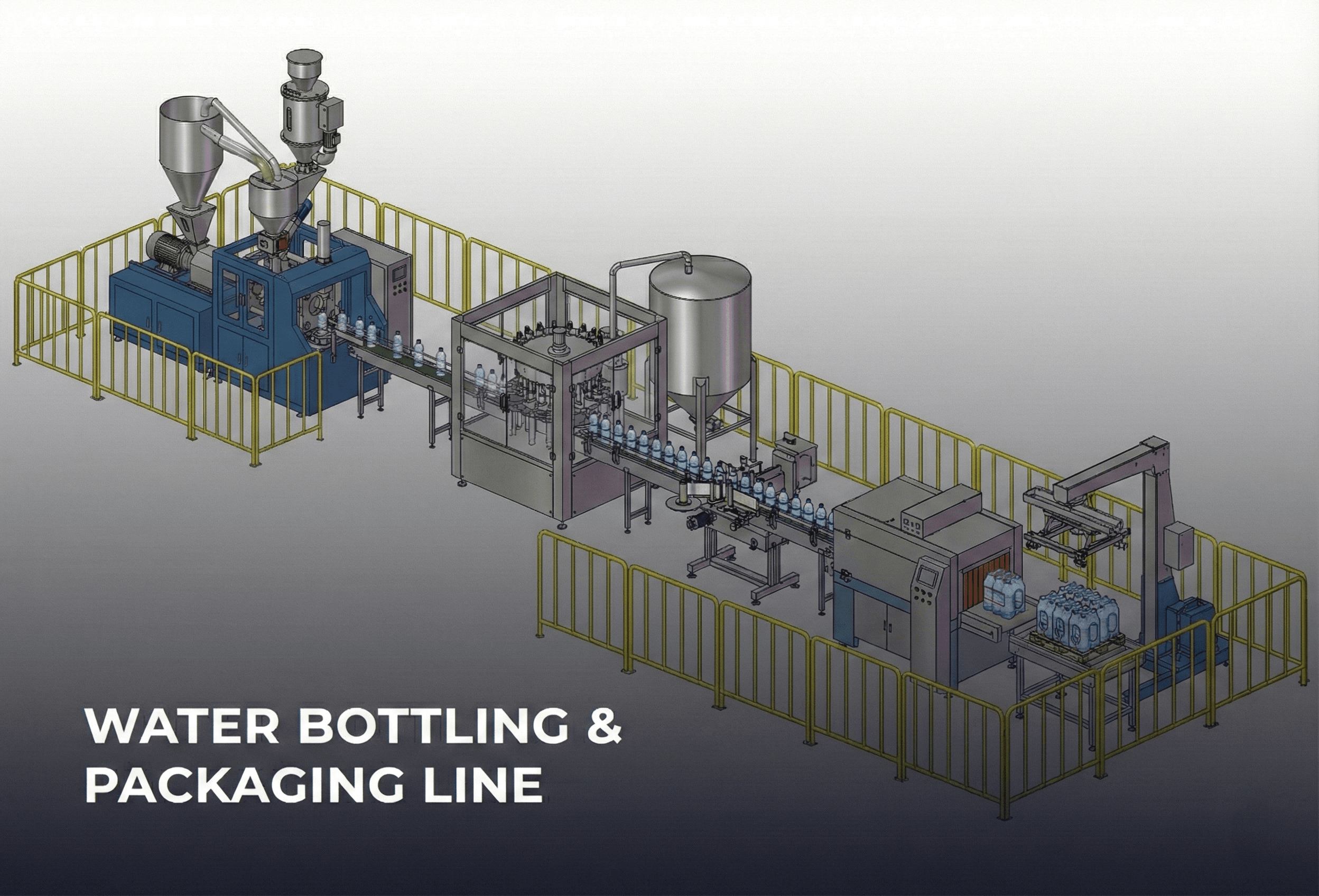 Línea de embotellado y envasado de agua por moldeo por extrusión-soplado con transportadores, llenadoras y envasadora retráctil