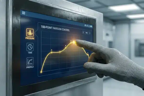 HMI screen showing 100-point parison control graph for blow molding precision (ID#3)